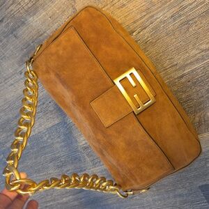 Fendi Baguette Carmel Brown Suede Gold Hardware Bag Italy Bonus Unbranded Strap